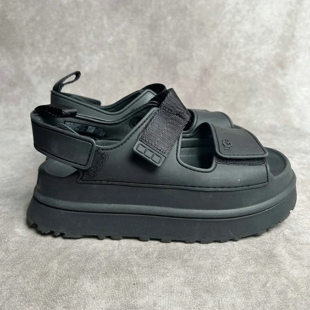 UGG GoldenGlow Black Platform Sandals Water Friendly Chunky Strappy 1152685